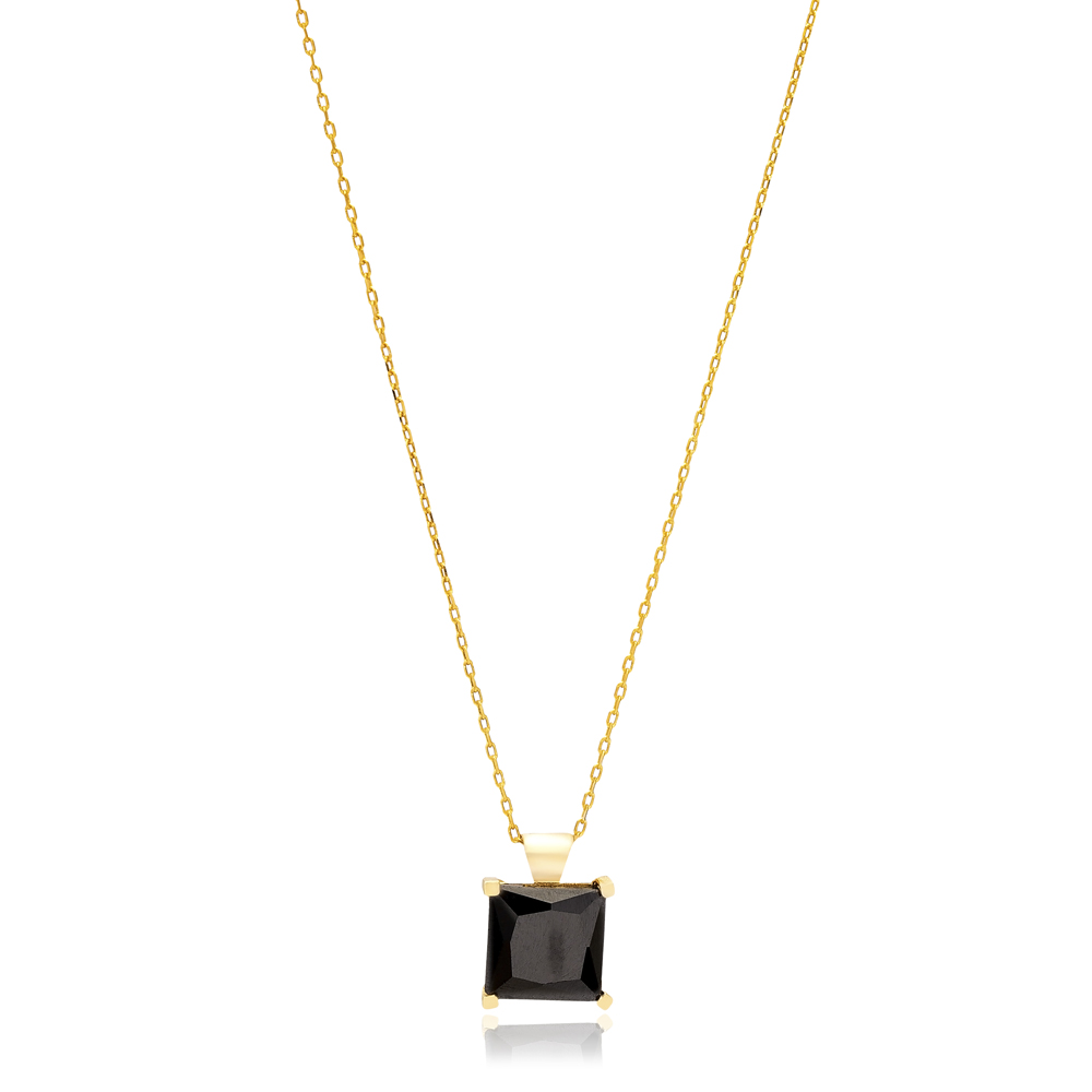 Black Cubic Zircon Square Shape Charm Necklace Turkish Handcraft Wholesale 925 Silver Jewelry