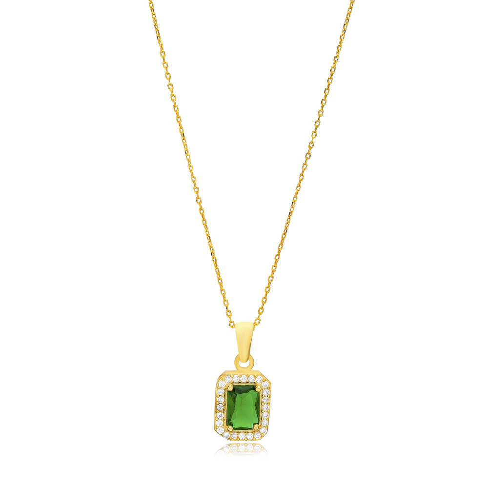 Minimal Design Emerald Cubic Zircon Stone Handcraft Charm Necklace 925 Sterling Silver Jewelry