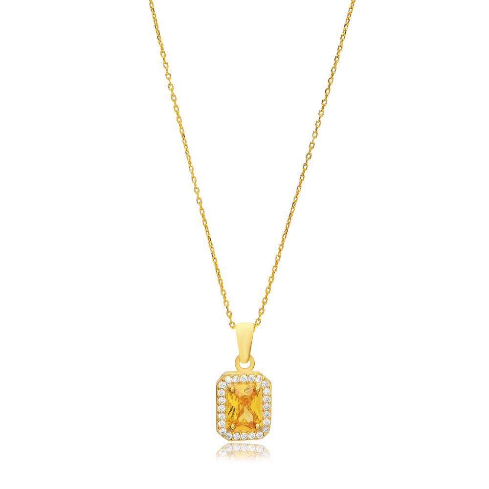 Citrine cubic Zircon Stone Minimal Design Women Charm Necklace Pendant Turkish 925 Sterling Silver