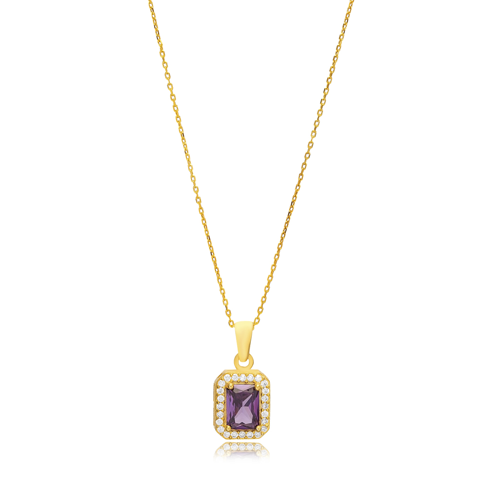 Amethyst Cubic Zircon Stone Handcraft Charm Necklace Women Pandent 925 Sterling Silver Jewelry