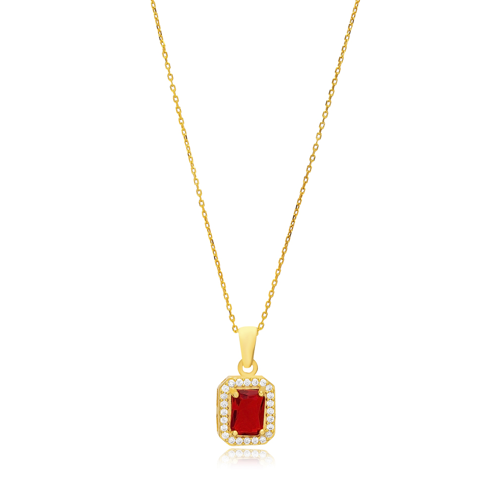 Ruby Cubic Zircon Stone Rectangle Design Handcraft Charm Necklace 925 Sterling Silver Jewelry