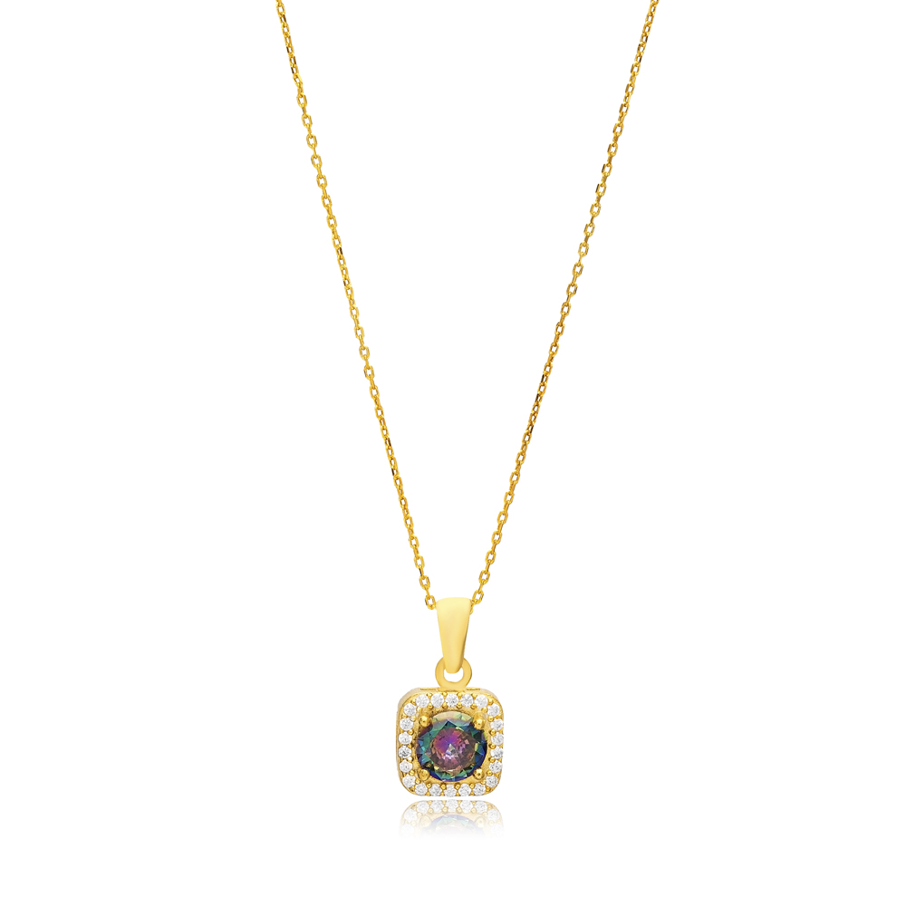 Round Shape Mystic Topaz Cubic Zircon Minimal Design Charm Necklace Wholesale Turkish 925 Silver