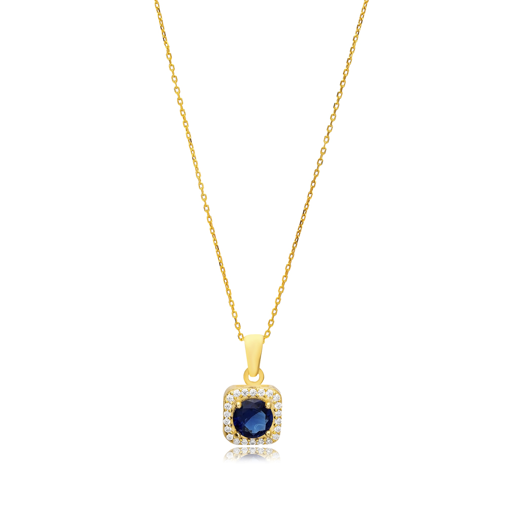 Round Shape Sapphire CZ Stone Trend Charm Necklace Wholesale Turkish 925 Sterling Silver Jewelry