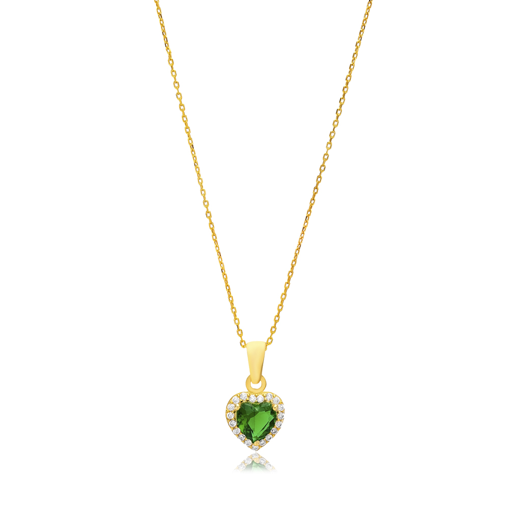 Heart Shape Emerald Cubic Zircon Stone Charm Necklace Turkish Wholesale 925 Sterling Silver Jewelry