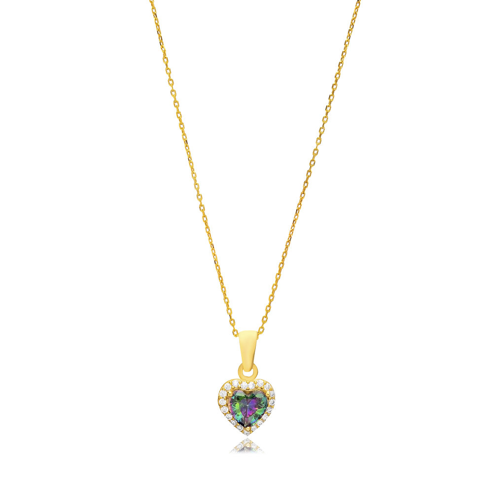 Mystic Topaz CZ Stone Heart Shape Women Charm Necklace Turkish Handcraft 925 Sterling Silver Jewelry