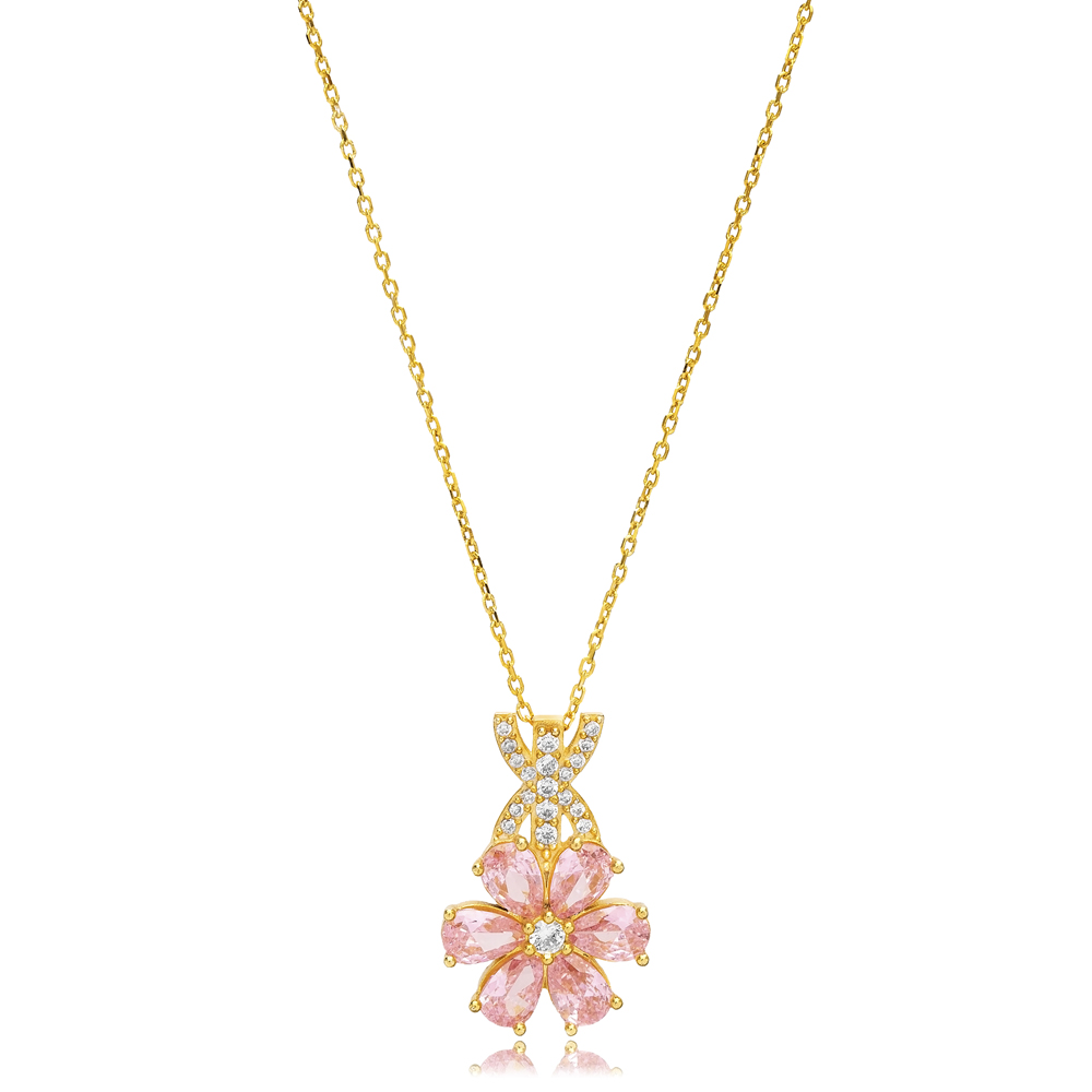 Pear Shape Pink Quartz Cubic Zircon Stone Flower Design Charm Necklace 925 Sterling Silver Jewelry