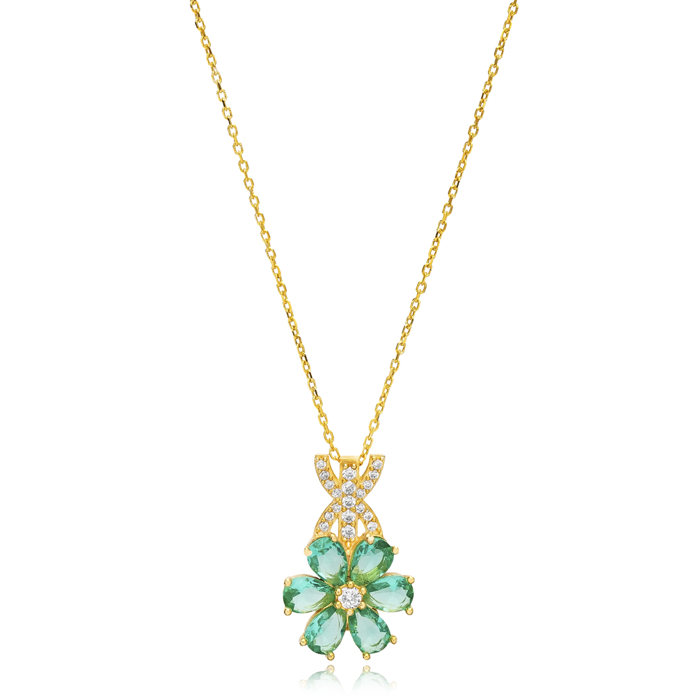 Flower Design Pear Shape Paraiba CZ Stone Charm Necklace Handcraft Turkish 925 Silver Jewelry