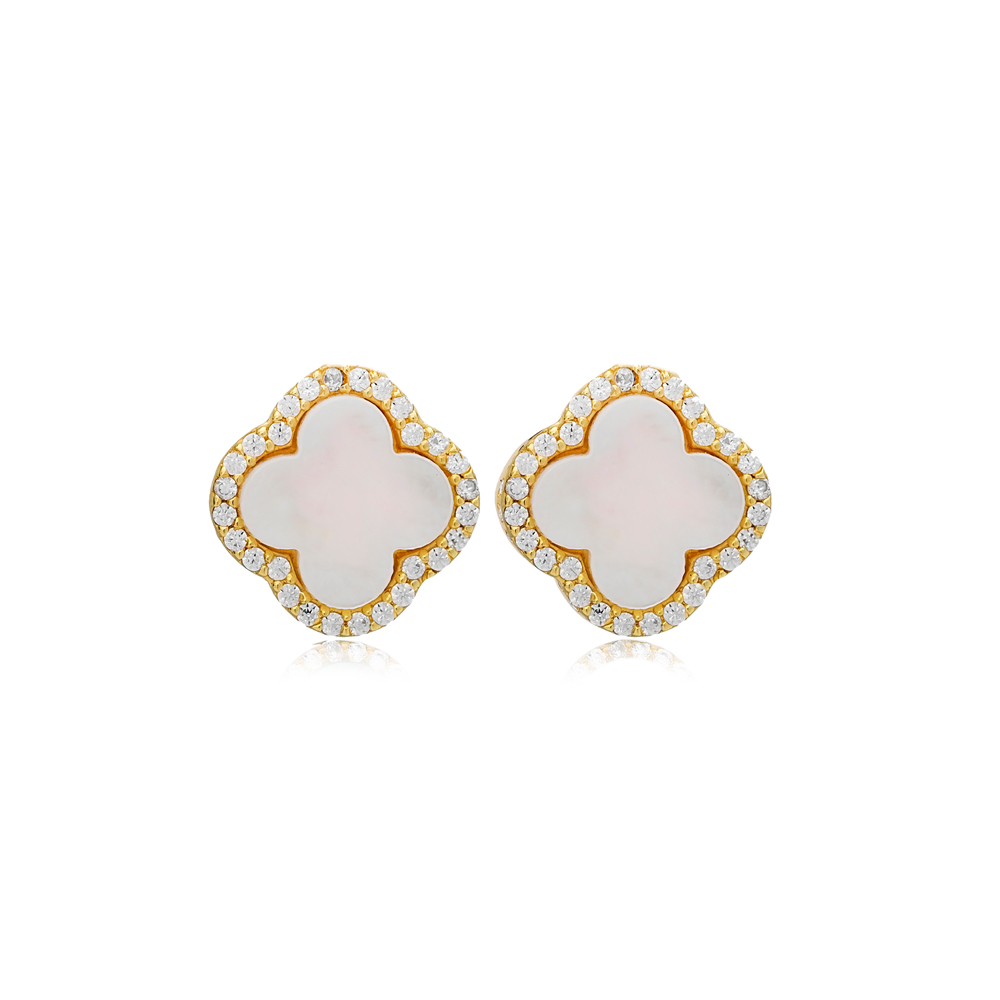 Mother of Pearl Clover Zircon Stone Stud Earrings 925 Sterling Silver Jewelry