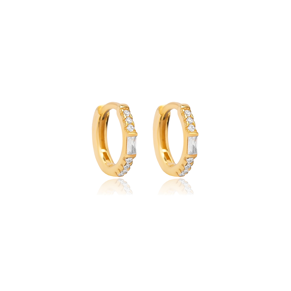 Ø13 mm CZ Stone Baguette Hoop Design Earrings Handcrafted Turkish Wholesale 925 Sterling Silver Jewelry