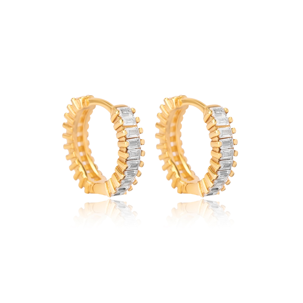 Ø16 mm CZ Stone Baguette Hoop Design Earrings Handcrafted Turkish Wholesale 925 Sterling Silver Jewelry