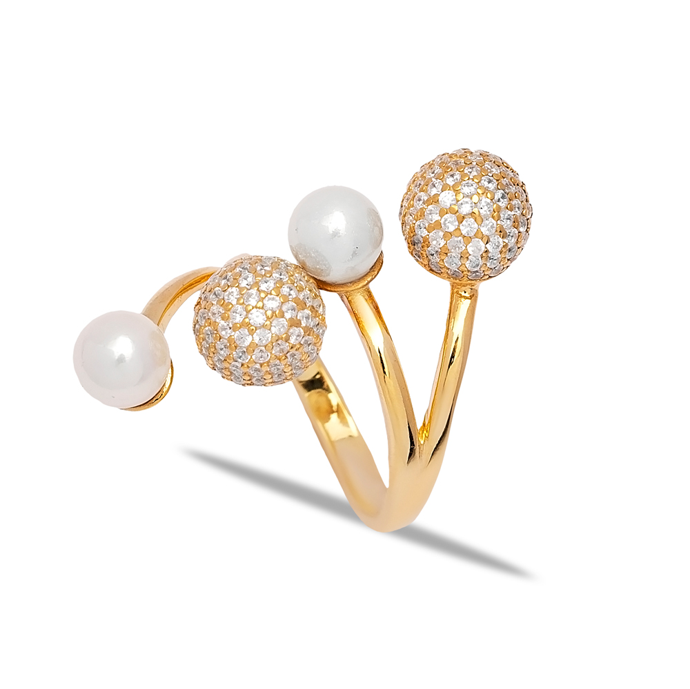 Dainty Pearl Design Adjustable Ring Ball Design Cz Stone 925 Sterling Silver Jewelry