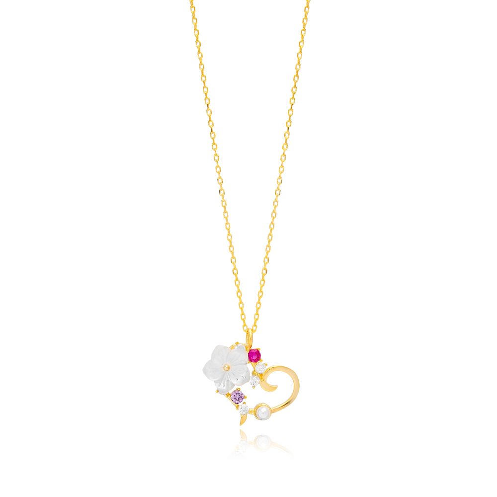 Colorful CZ Stone Flower Heart Shape Charm Necklace Jewelry Handmade Wholesale Silver Pendant