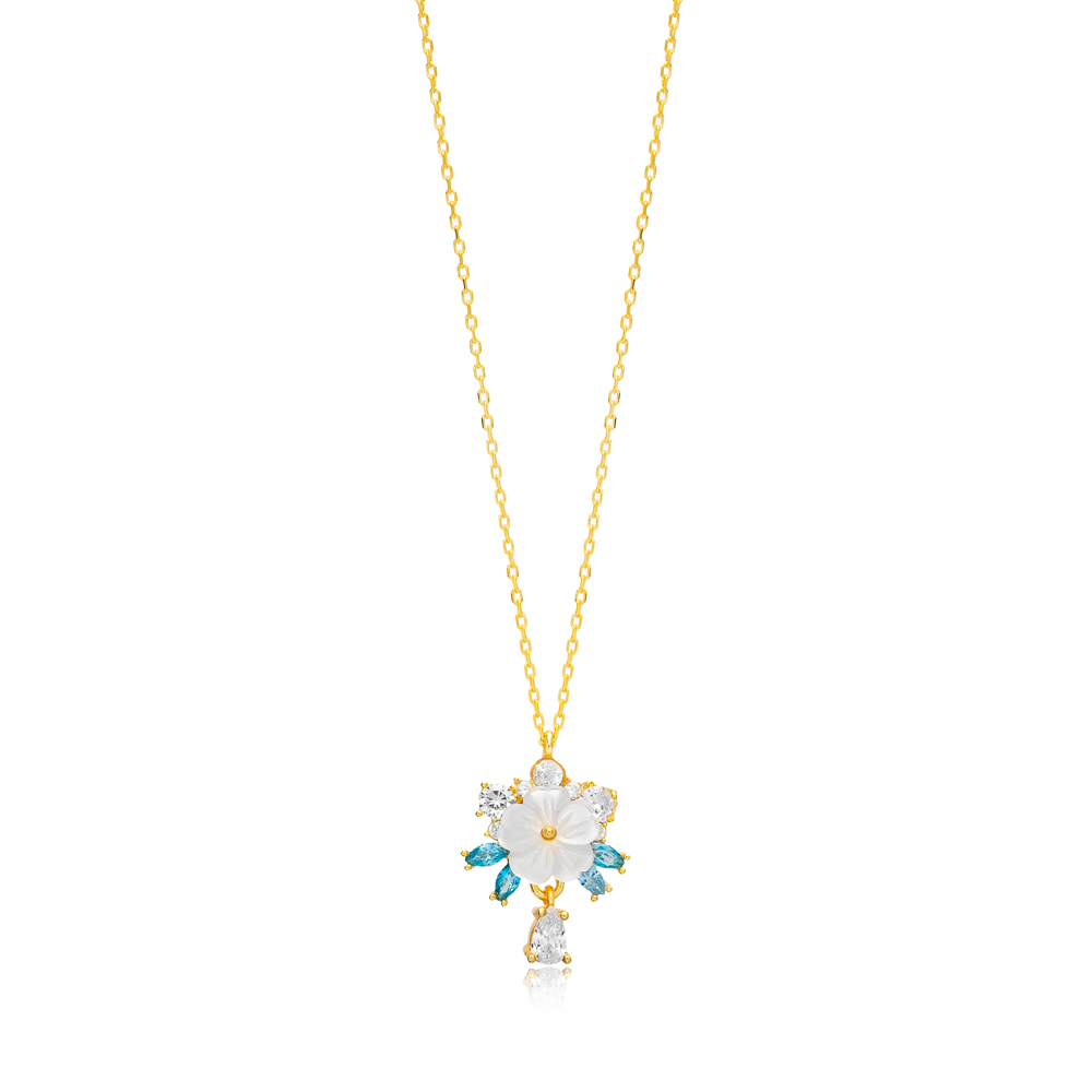 Flower Design Aquamarine CZ Stone Charm Pendant 925 Sterling Silver Jewelry Handmade Wholesale Turkish Necklace