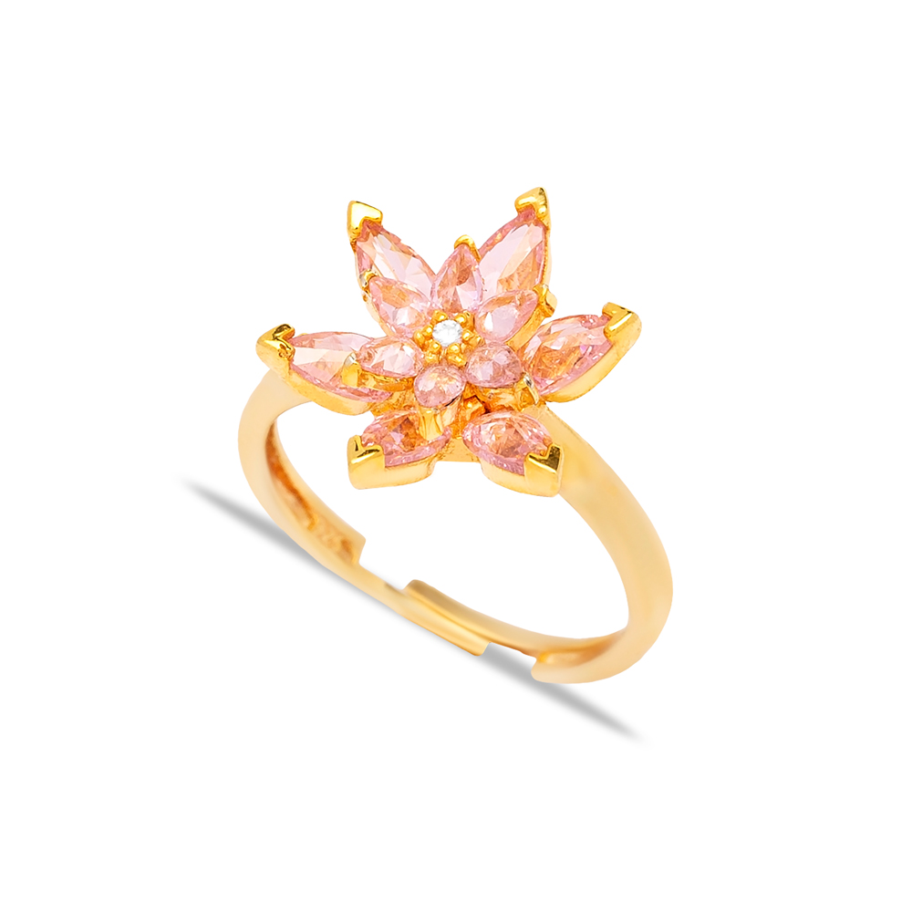 Pink CZ Stone Flower Design Wholesale 925 Sterling Silver Jewelry Handmade Cluster Adjustable Ring