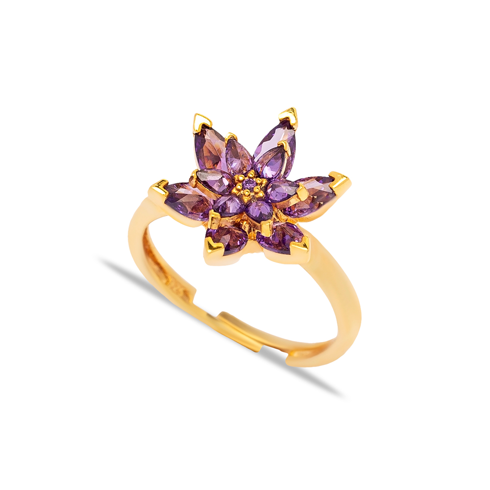 Amethyst CZ Stone Flower Design Wholesale 925 Sterling Silver Jewelry Adjustable Cluster Ring