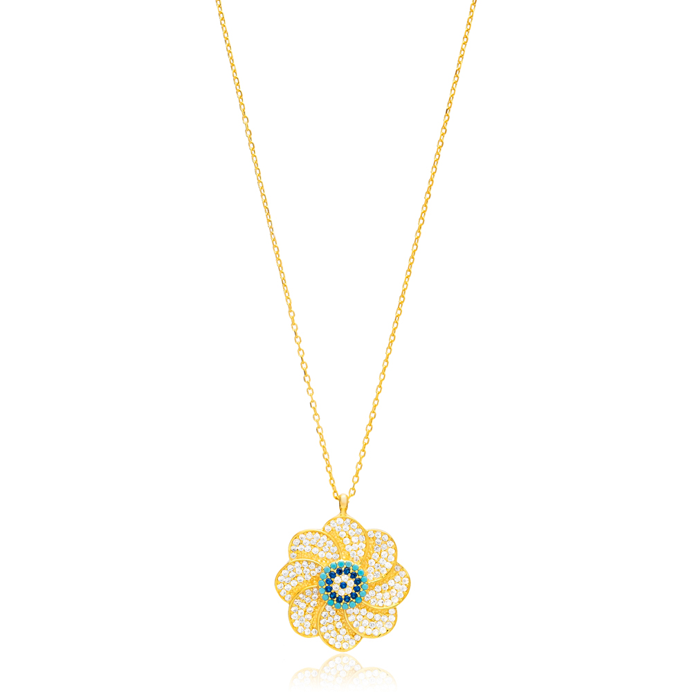 Evil Eye Turkish CZ Stone Flower Popular Charm Pendant Wholesale 925 Sterling Silver Necklace