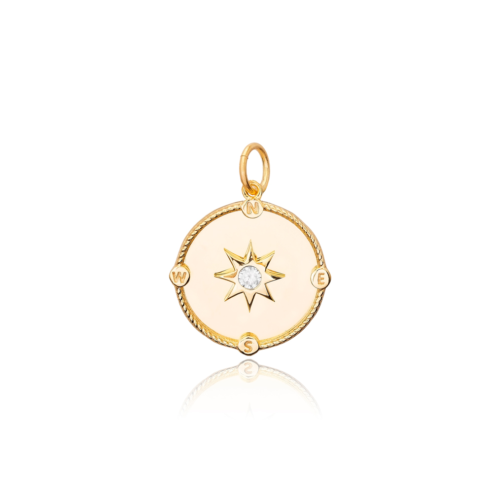 Compass Design Round Charm North Star CZ Stone 925 Sterling Silver Turkish Handmade Jewelry Pendant