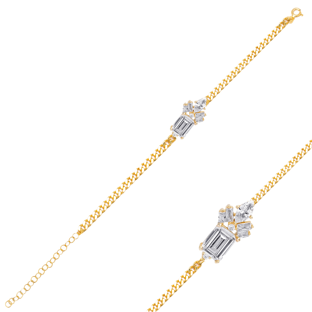 Clear Stone Baguette Geometric Design Charm Bracelet 925 Sterling Silver Jewelry