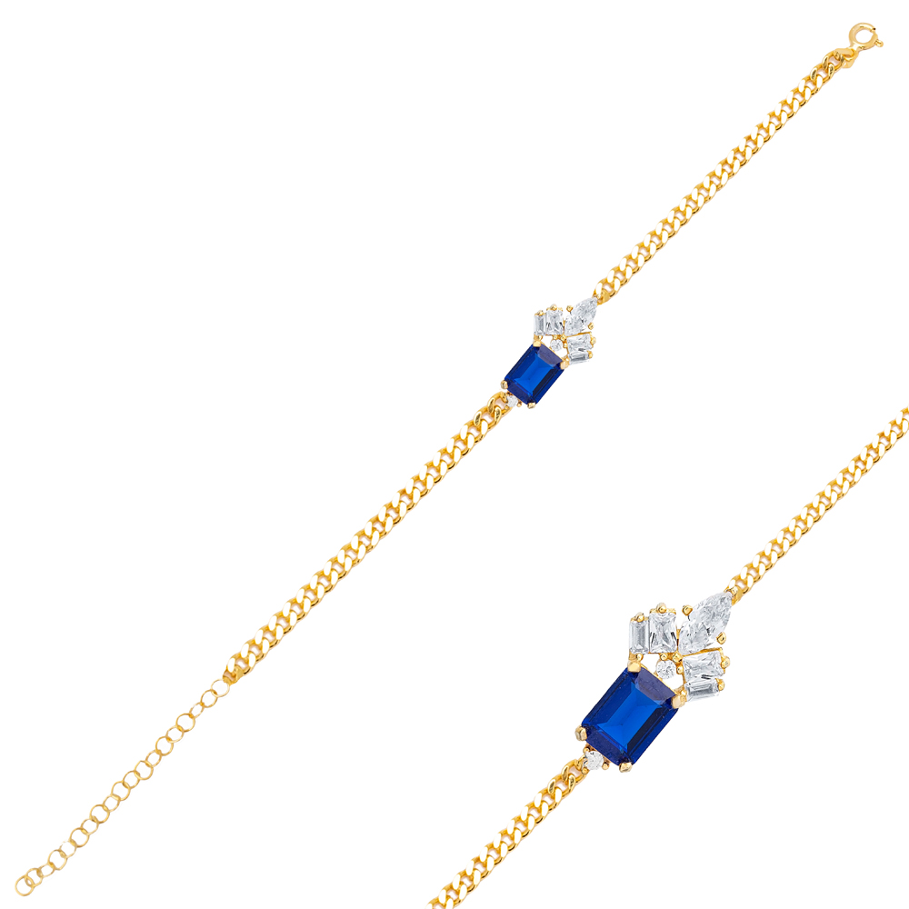 Sapphire CZ Stone Baguette Geometric Design Charm Bracelet 925 Sterling Silver Jewelry