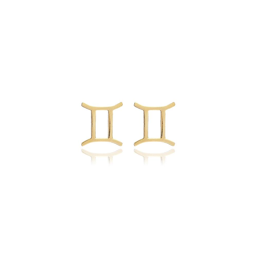 Gemini Horoscope Stud Earrings Turkish 925 Sterling Silver Jewelry Handcrafted Minimalist Design