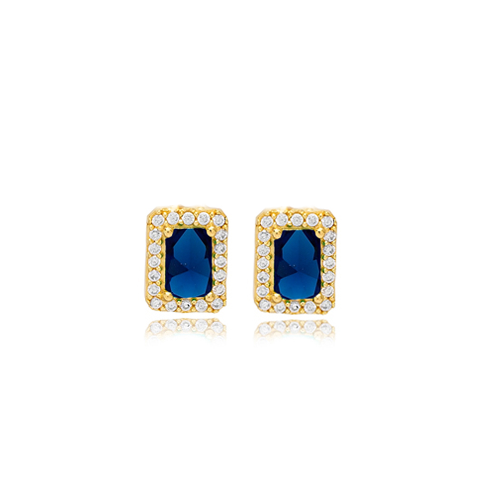 Rectangle Sapphire CZ Stone Silver Jewelry Stud Earrings