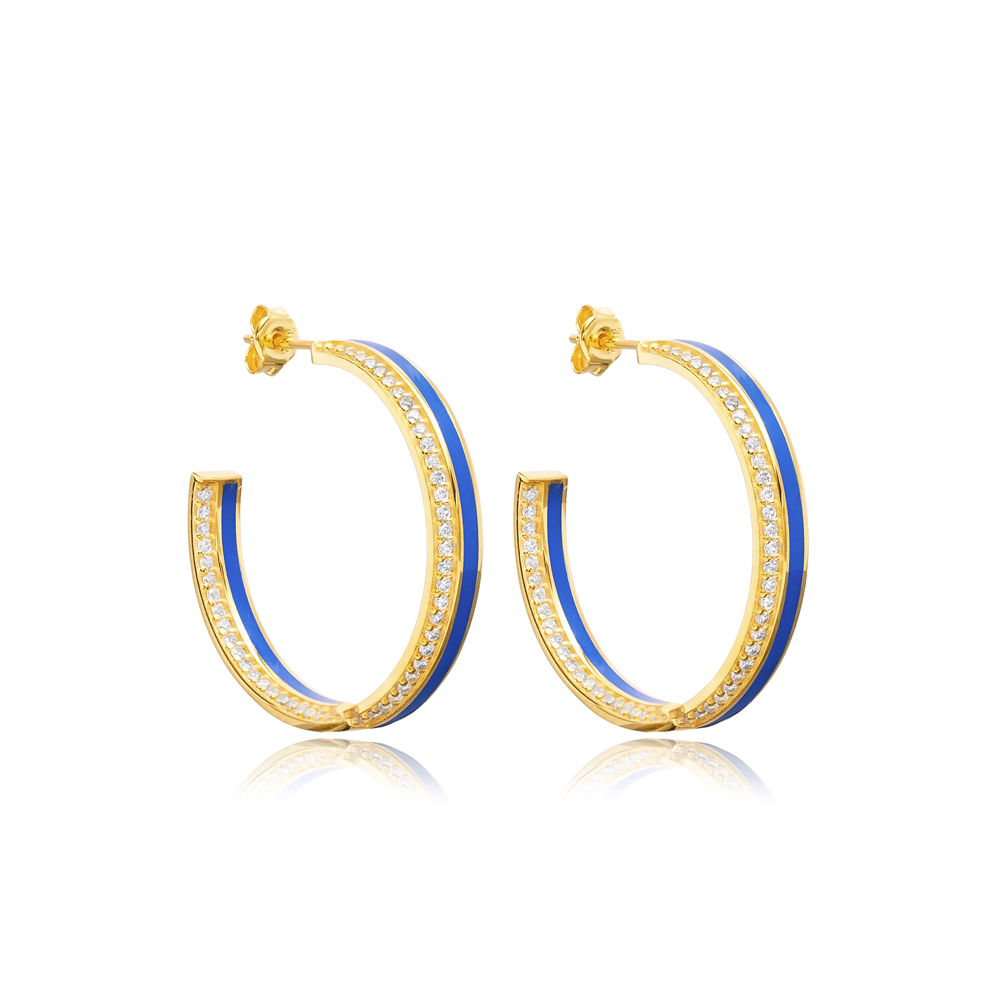 Dark Blue Color Enamel Clear CZ Stone Hoop Earrings Turkish Handcrafted 925 Silver Sterling Jewelry