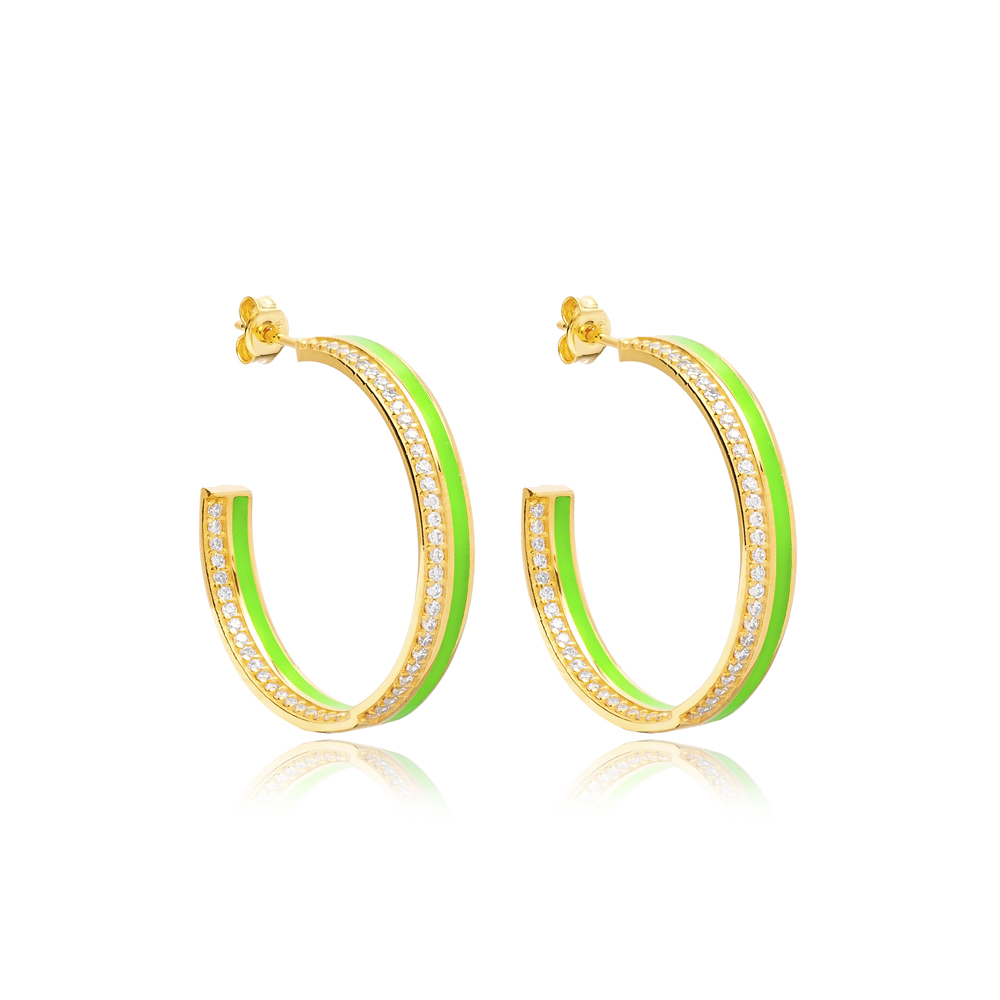 Green Color Enamel Clear CZ Stone Hoop Earrings Turkish Handcrafted 925 Silver Sterling Jewelry