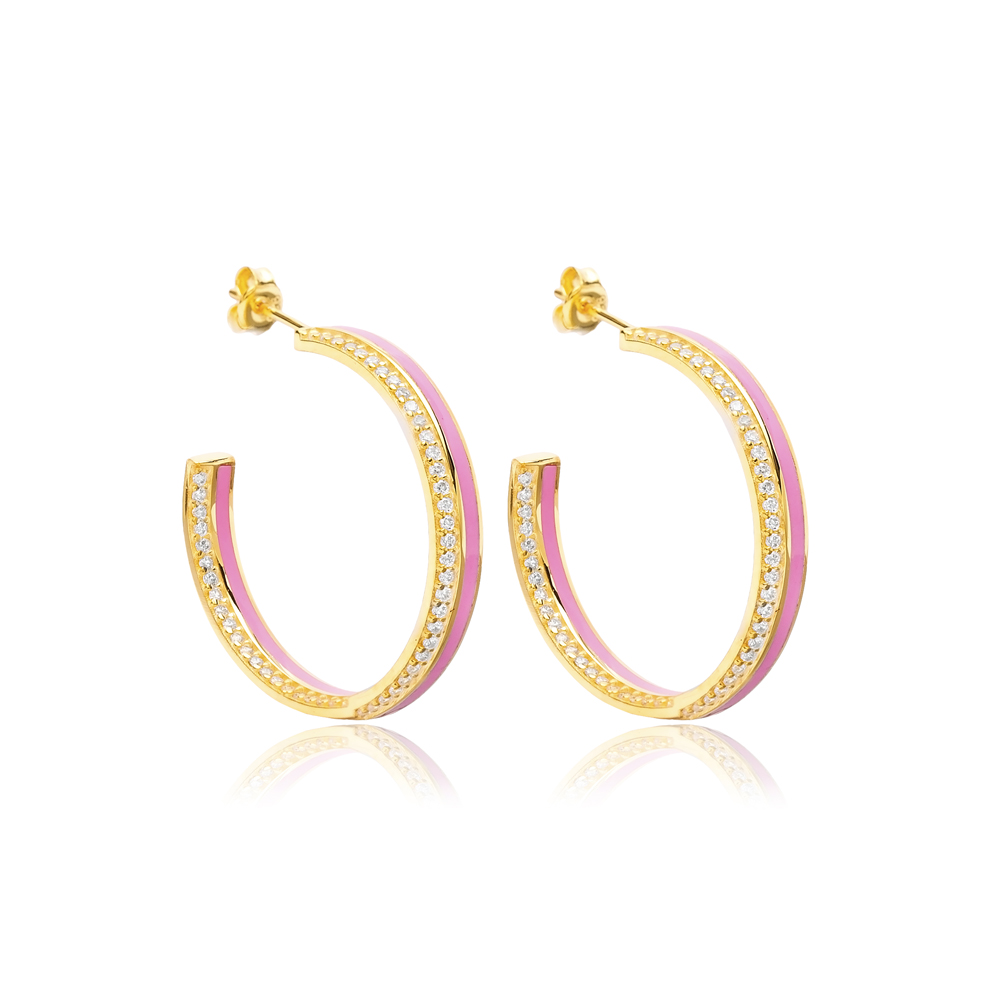 Pink Enamel Clear CZ Stone Turkish Handcrafted 925 Silver Sterling Jewelry Hoop Earrings