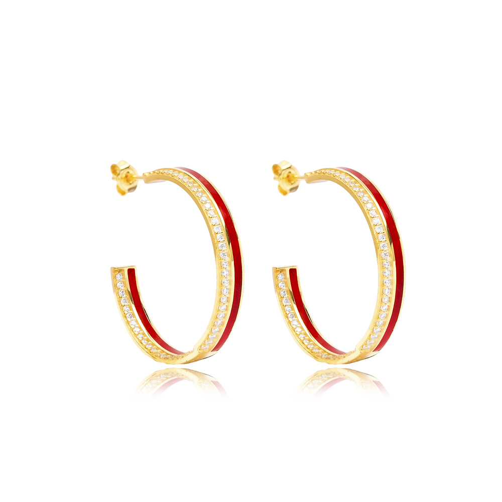 Red Enamel Clear CZ Stone Hoop Earrings Turkish Handmade Wholesale 925 Silver Sterling Jewelry