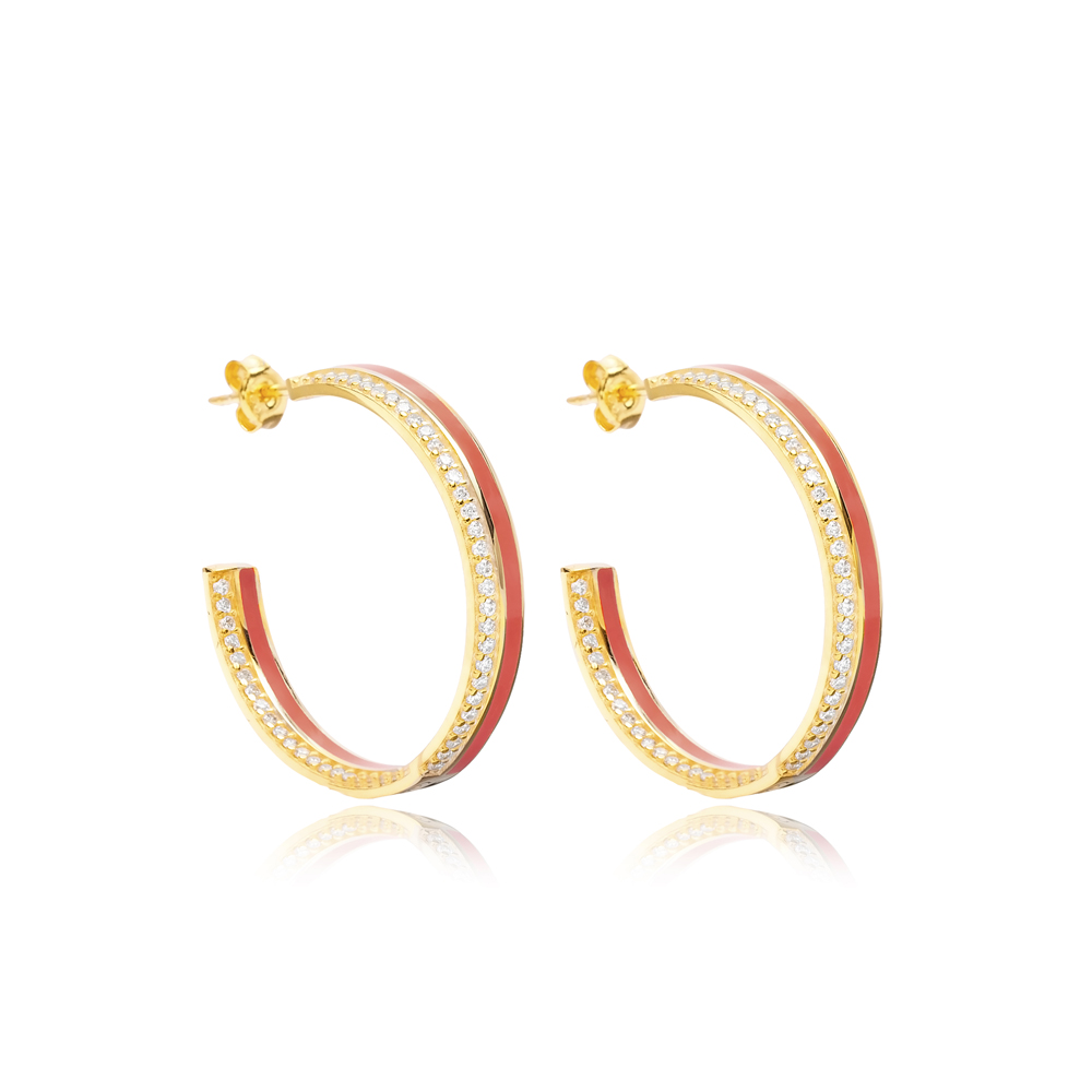 Dark Pink Enamel Clear CZ Stone Hoop Earrings Turkish Handcrafted 925 Silver Sterling Jewelry