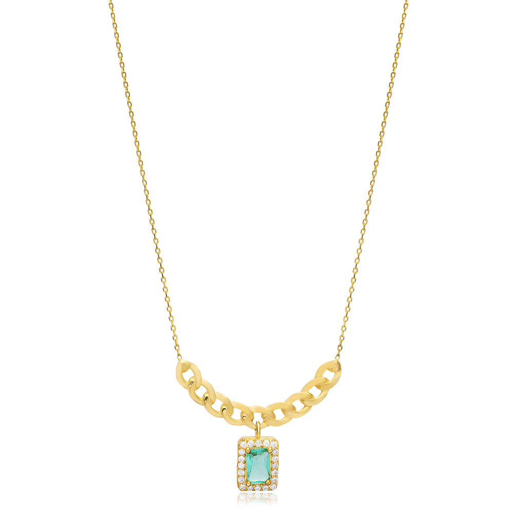 Paraiba CZ Stone Round Shape Design Charm Necklace 925 Sİlver Wholesale Turkish Jewelry