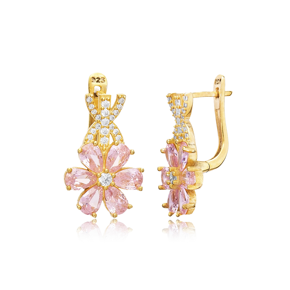 Pink Quartz CZ Stone Flower Design Dangle Earring 925 Silver Turkish Wholesale Jewelry