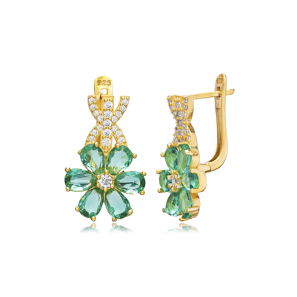 Turkish Wholesale Paraiba CZ Stone Dangle Earring Flower Design 925 Silver Jewelry Handcafted