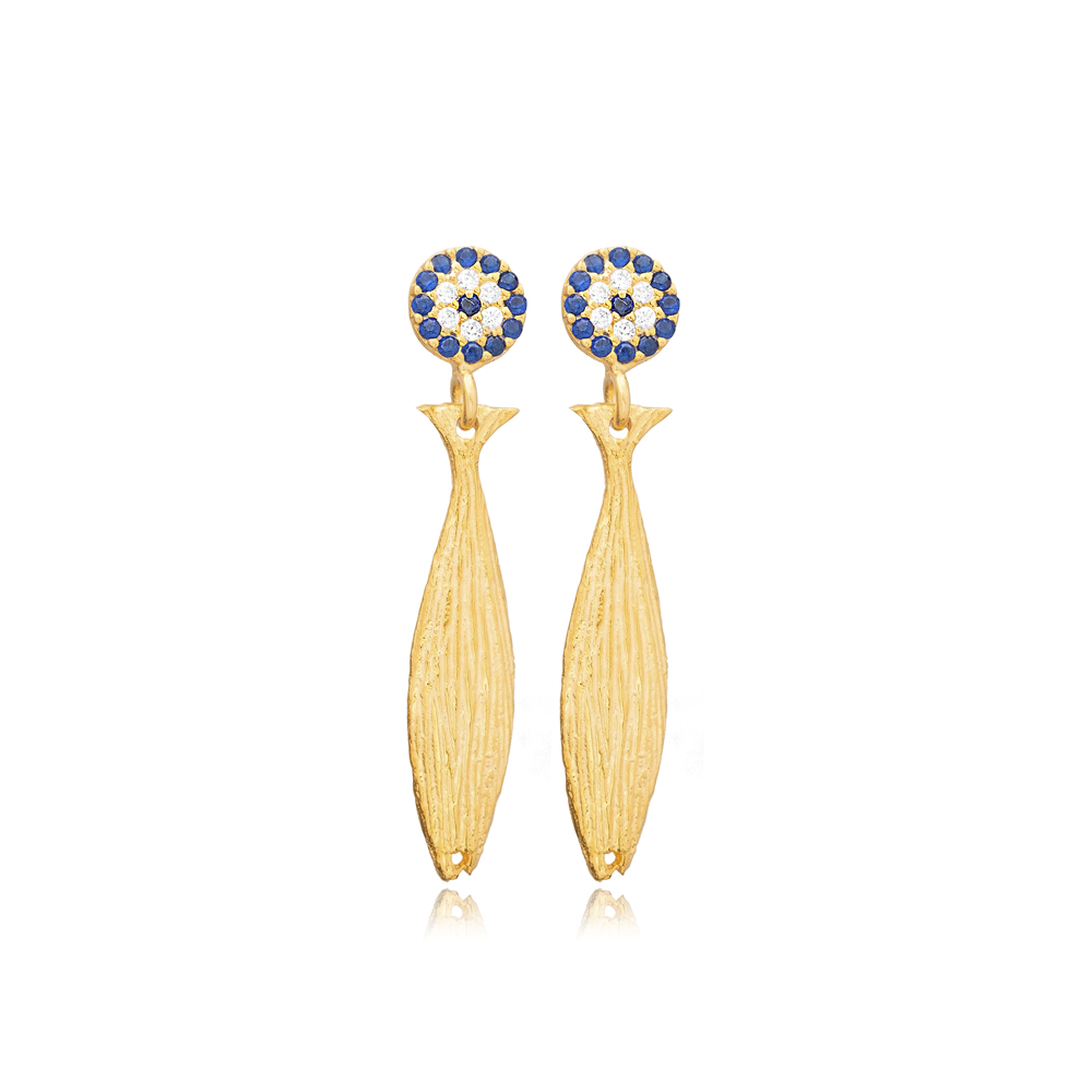 Round Shape Evil Eye CZ Stone Fish Design Long Earring Turkish Handcrafted Jewelry 925 Silve