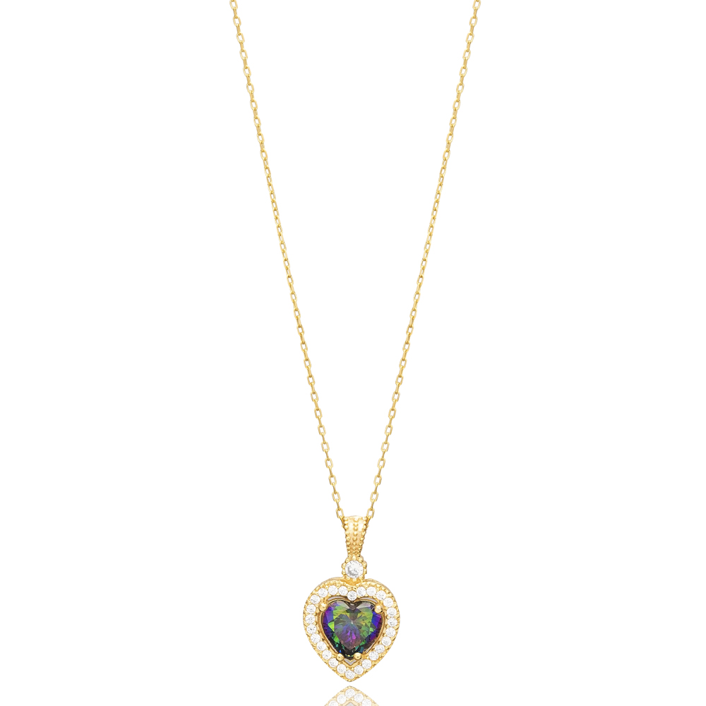 Heart Design Mystic Topaz CZ Stone Charm Necklace Wholesale Handcraft 925 Silver Jewelry