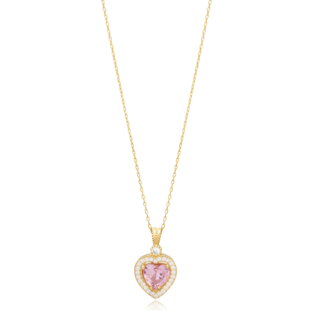 Heart Design Pink Quartz CZ Stone Charm Necklace Wholesale Handcraft 925 Silver Jewelry