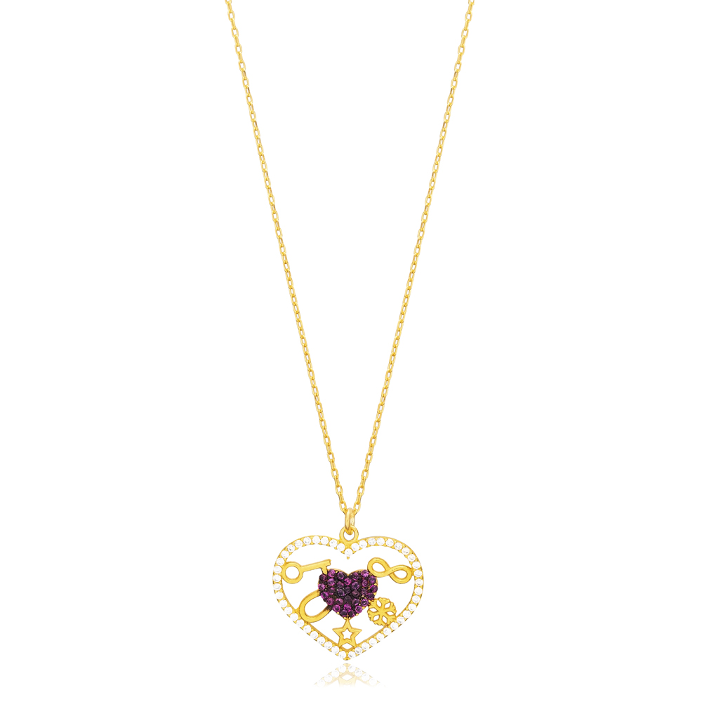 Mix Symbol Design Amethyst Heart Shaped Charm Necklace Women Jewelry 925 Silver Wholesale