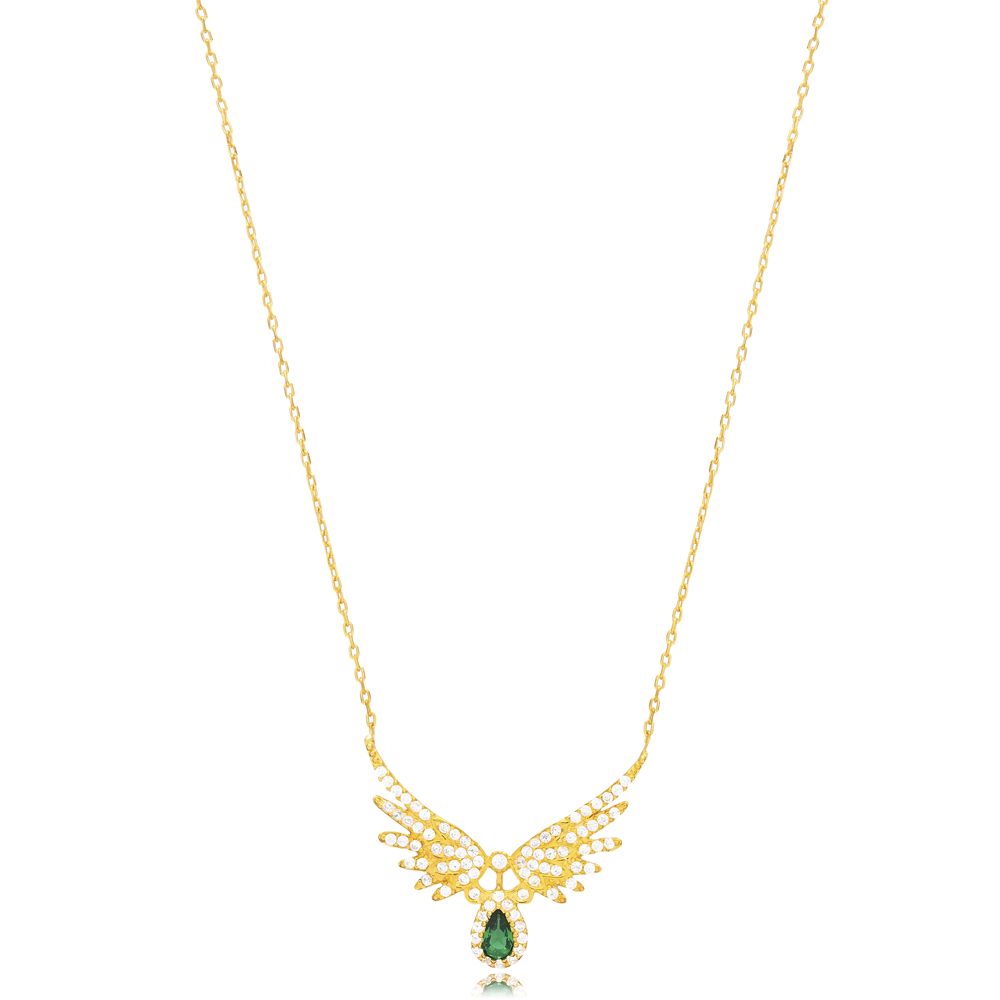 Elegant Emerald Drop Design CZ Stone Angel Wing Charm Necklace Wholesale Jewelry 925 Silver