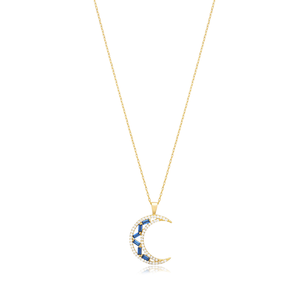 Crescent Moon Sapphire CZ Stone Charm Necklace 925 Silver Handcraft Jewelry Turkish Wholesale