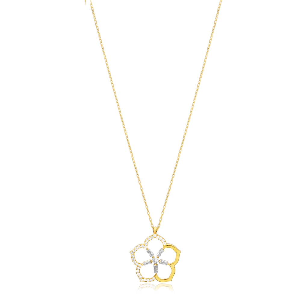 Chic Minimalist Design Flower Charm Necklace Baguette CZ Stone Wholesale 925 Silver Jewelry