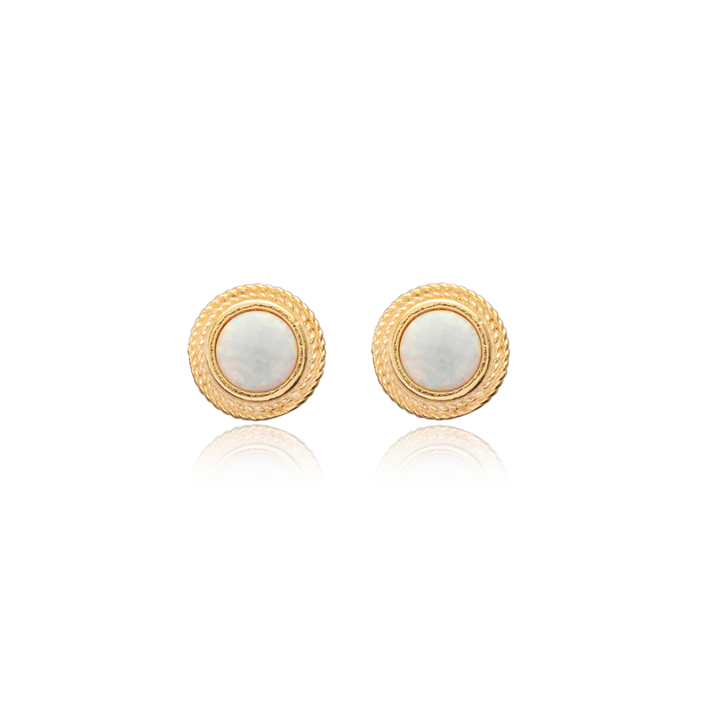 Tiny Round White Opal Silver Stud Earrings