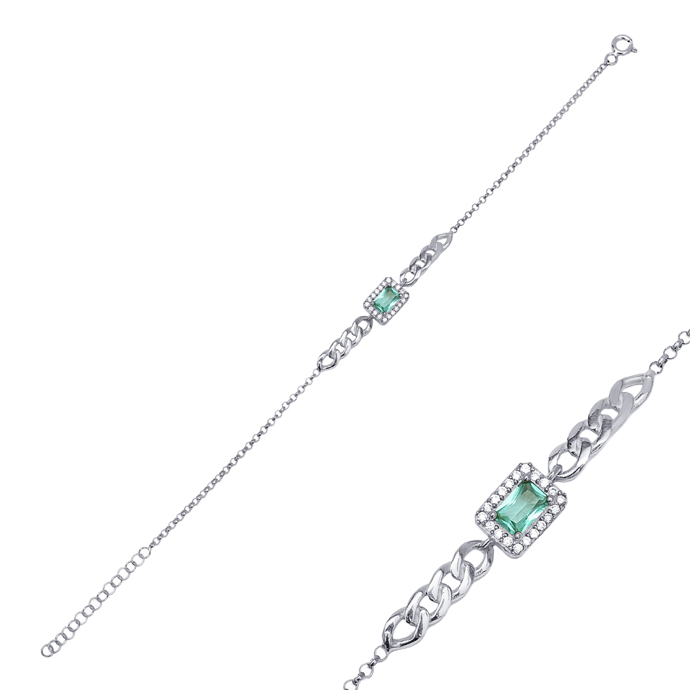 Emerald CZ Stone Baguette Cut Stone Elegant Design Charm Bracelet Turkish Wholesale 925 Sterling Silver Jewelry