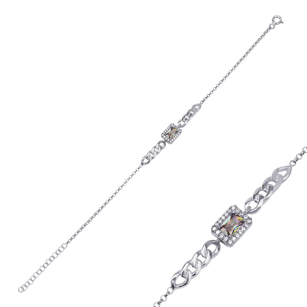 925 Sterling Silver Mystic Topaz CZ Stone Baguette Cut Stone Elegant Design Charm Bracelet Turkish Wholesale Jewelry