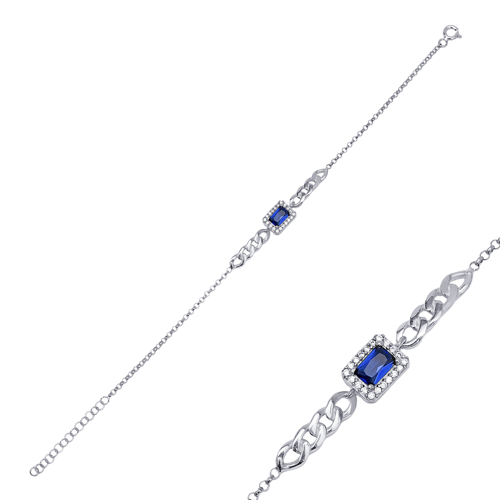 Unique Design Sapphire CZ Stone Baguette Cut Stone Charm Bracelet Turkish Wholesale 925 Sterling Silver Jewelry