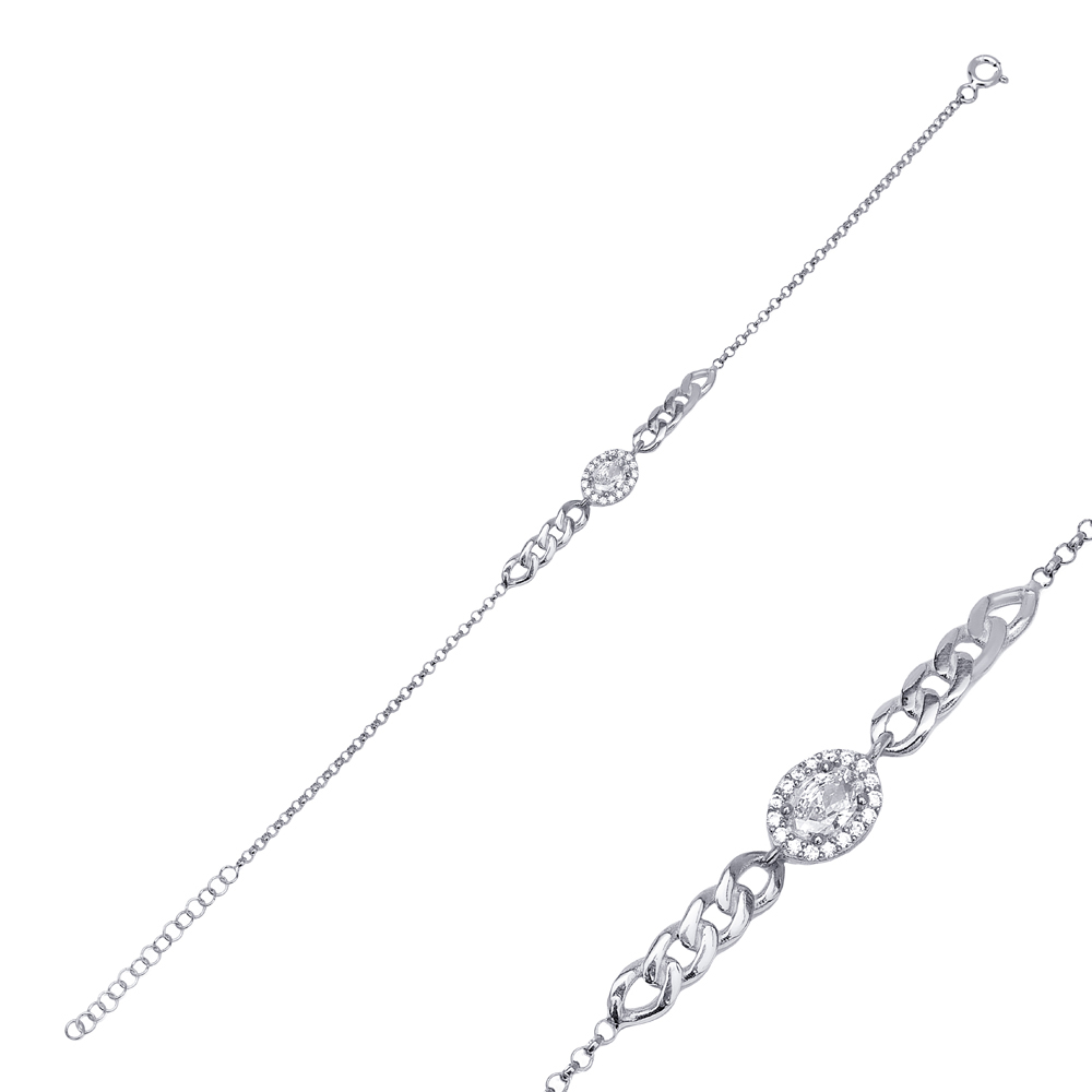 Oval Shape Design CZ Stone Charm Bracelet Turkish Handmade Wholesale 925 Sterling Silver Jewelry