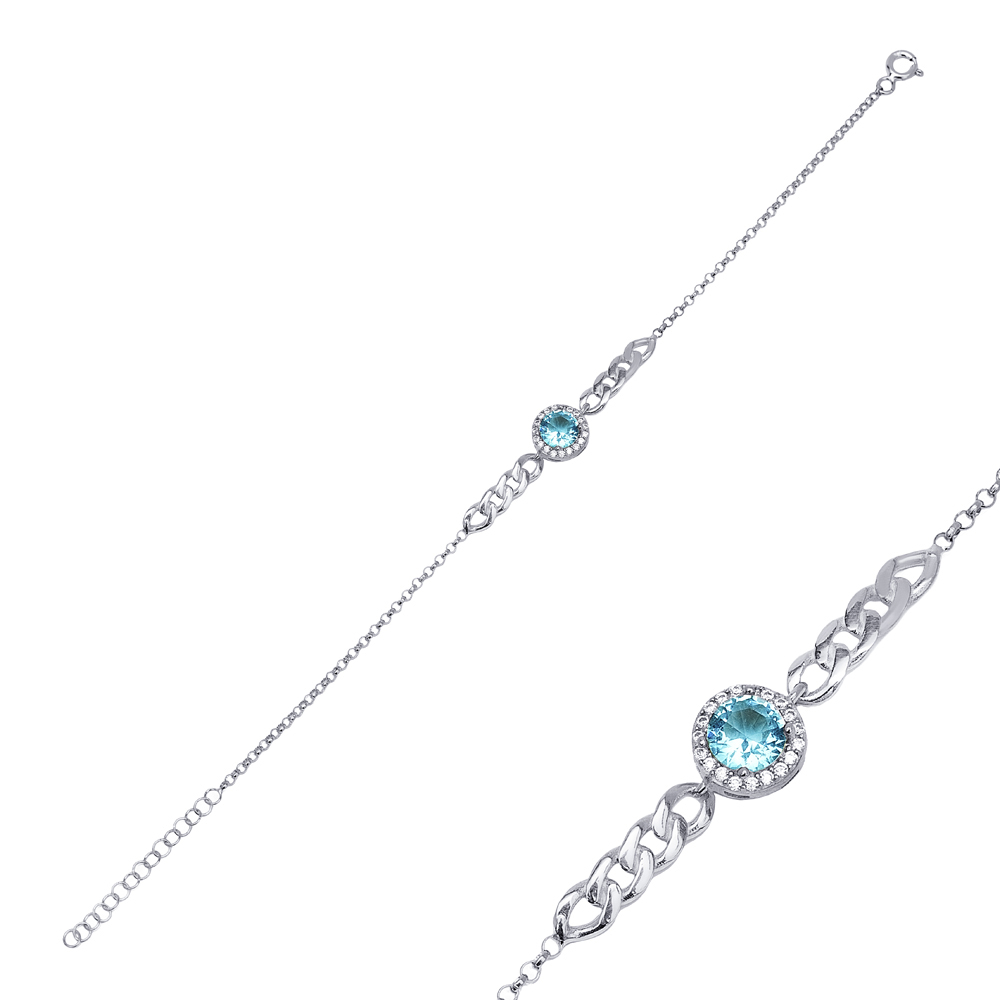 Aquamarine CZ Stone Round Shape Charm Bracelet Turkish Handmade Wholesale 925 Sterling Silver Jewelry