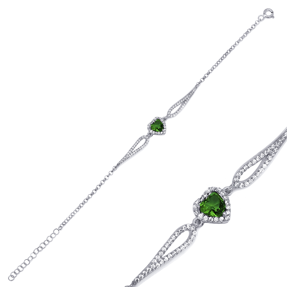 Turkish Handmade Heart Shape Charm Emerald CZ Stone Bracelet Wholesale 925 Sterling Silver