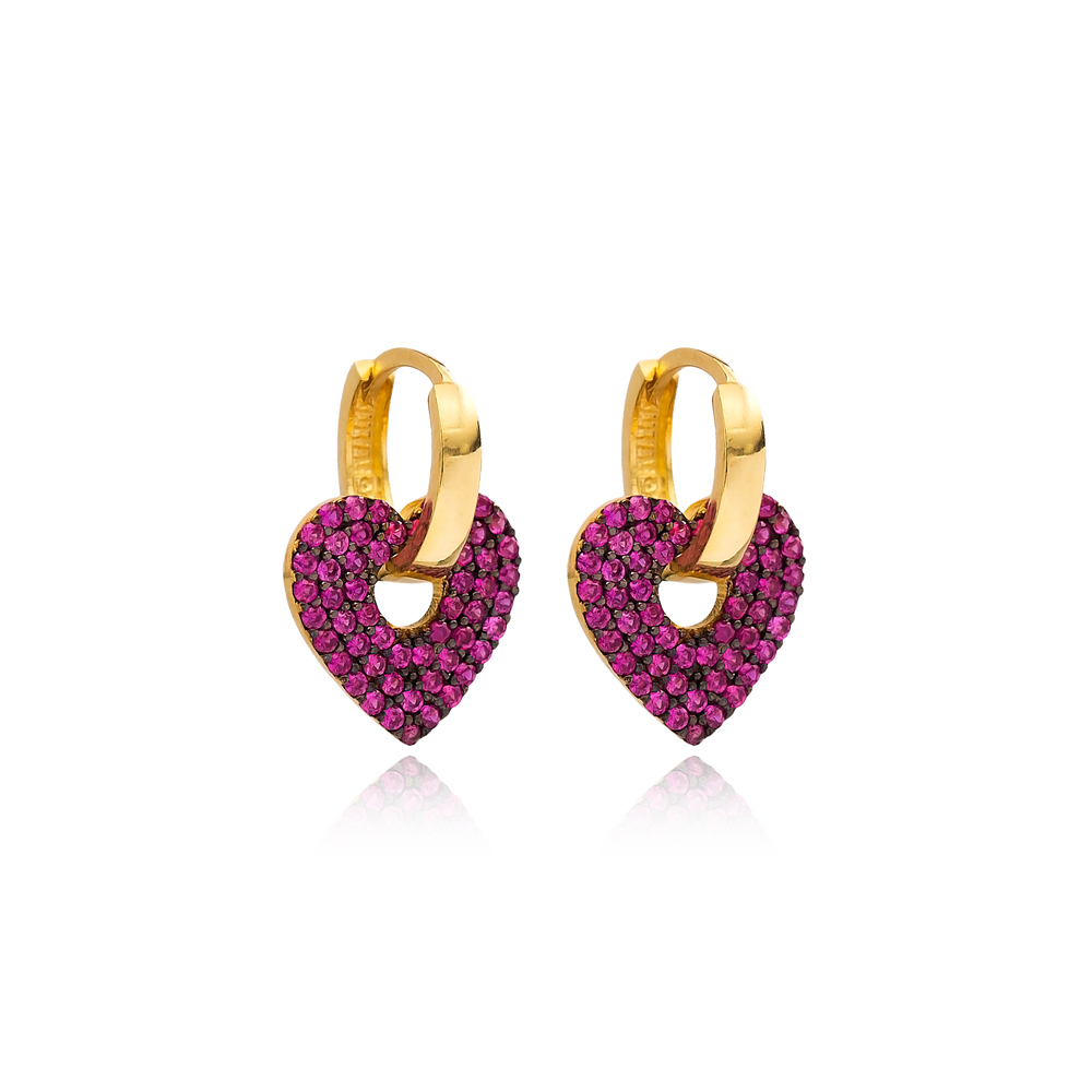 Ruby CZ Stone Dainty Heart Design Dangle Hoop Earrings 925 Sterling Silver Jewelry