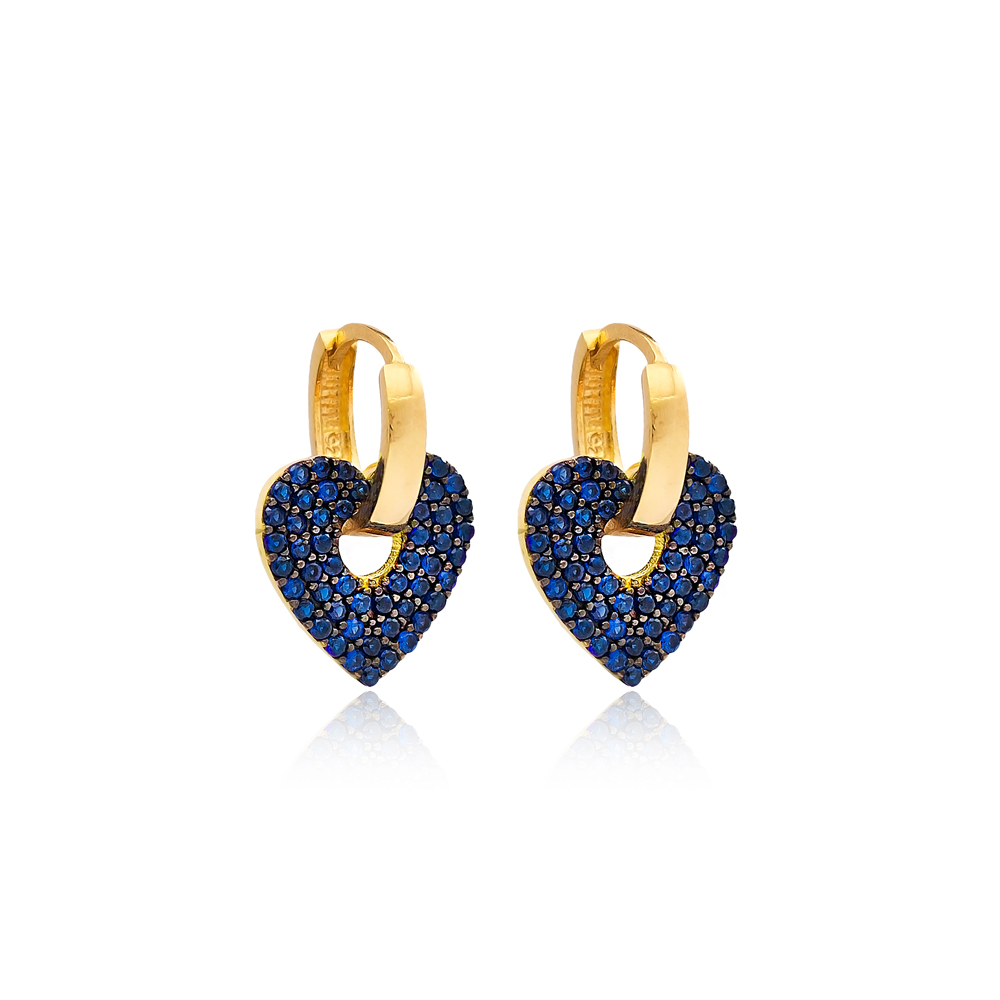Sapphire CZ Stone Dainty Heart Design Dangle Hoop Earrings 925 Sterling Silver Jewelry