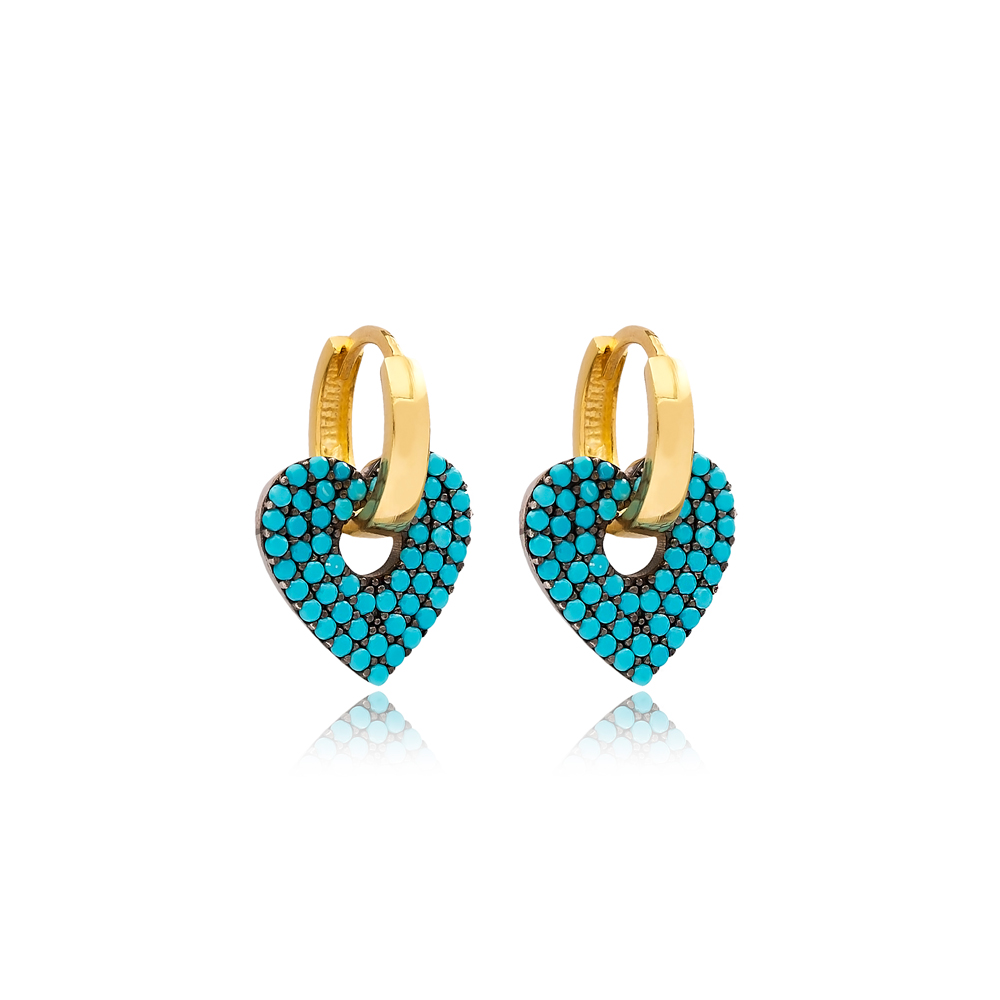 Turquoise CZ Stone Dainty Heart Design Dangle Hoop Earrings 925 Sterling Silver Jewelry